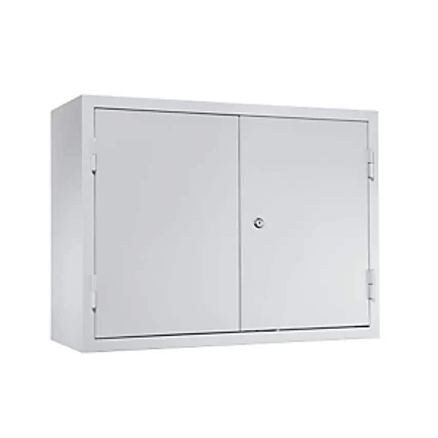 Wall Mounted Cupboard For The Workshop - HxWxD 600 X 800 X 320mm - Solid Panel Doors, With 2 Shelves + 2 Drawers, Light Grey RAL 7035