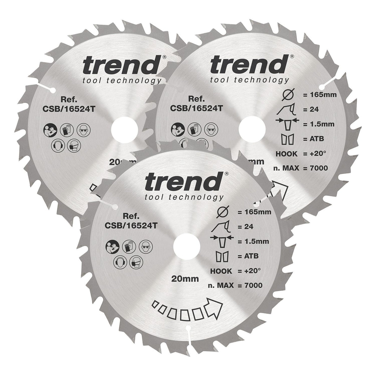 Wood Cordless Circular Saw Blade 165mm x 20mm x 24T, 3 Pack