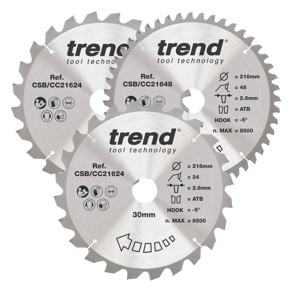Wood Mitre Saw Blade 216mm x 30mm x 24/48T, 3 Pack