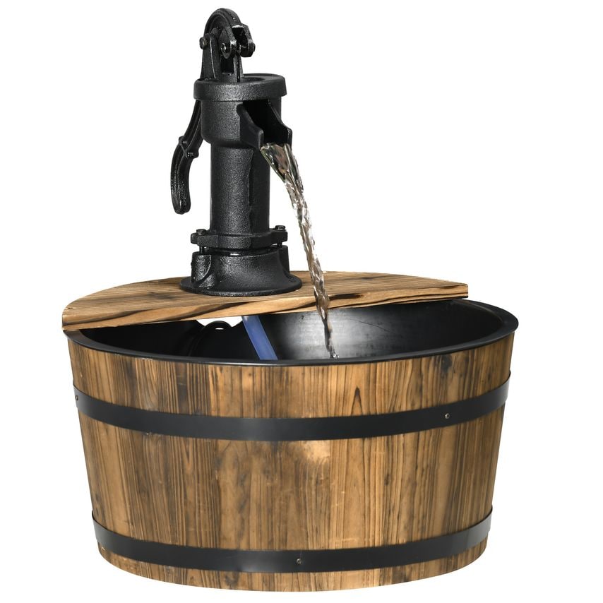 Wooden Barrel Water Fountain Garden Decorative Water Feature W/Electric Pump