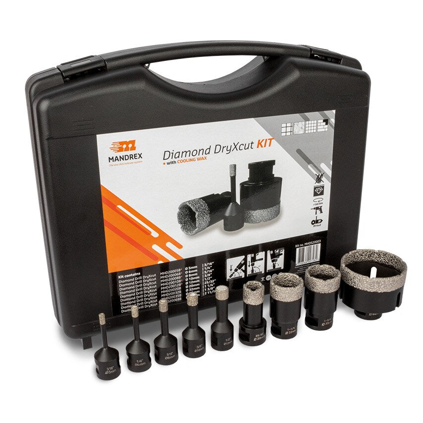 10 Pieces Kit - DryXcut Diamond drills 5, 6, 8, 10, 12, 20, 32, 35 & 68mm