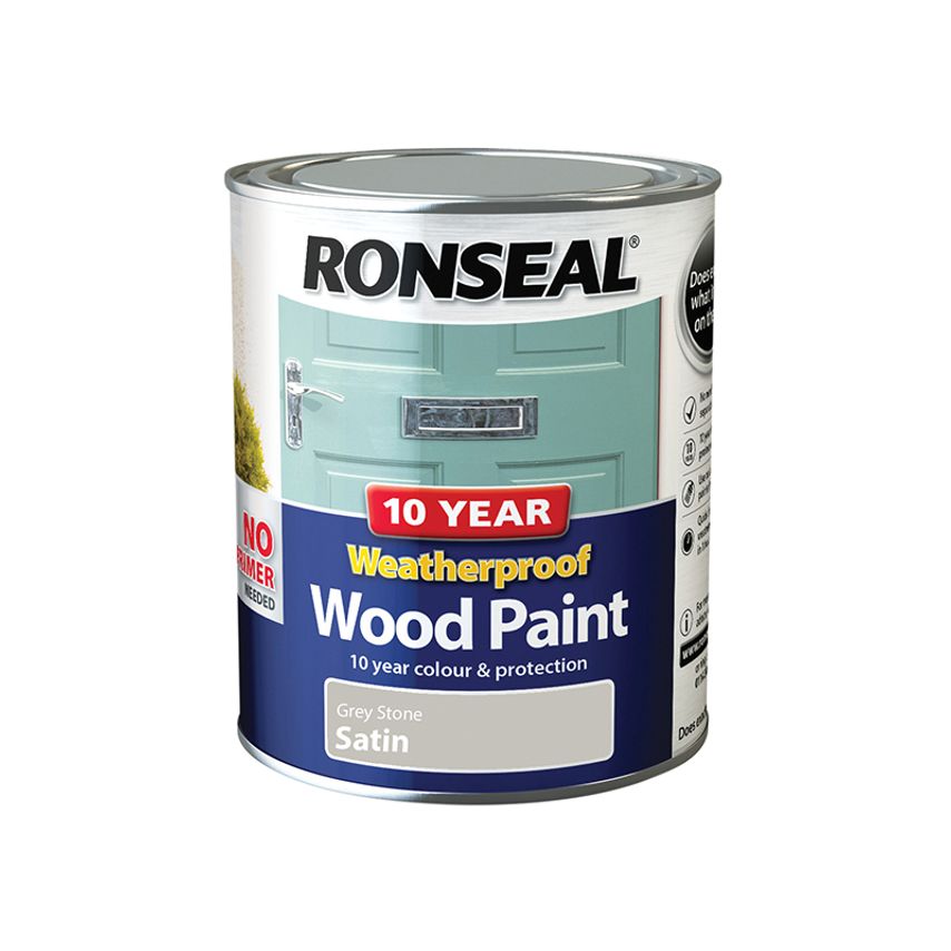 10 Year Weatherproof Wood Paint Grey Stone Satin 750ml RSL38791