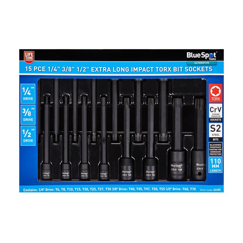 15 Pce 1/4" 3/8" 1/2" Extra Long Impact TORX Bit Sockets