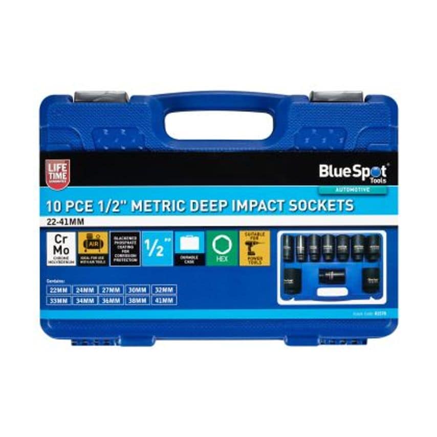 22mm-41mm 1/2" Metric Deep Impact Sockets  - 10 Piece