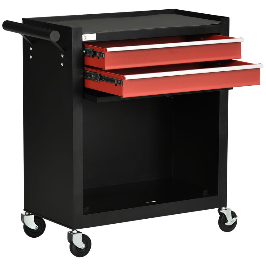2 Drawers Tool Chest on Wheels Lockable Tool Trolley w/Ball Bearing Runners