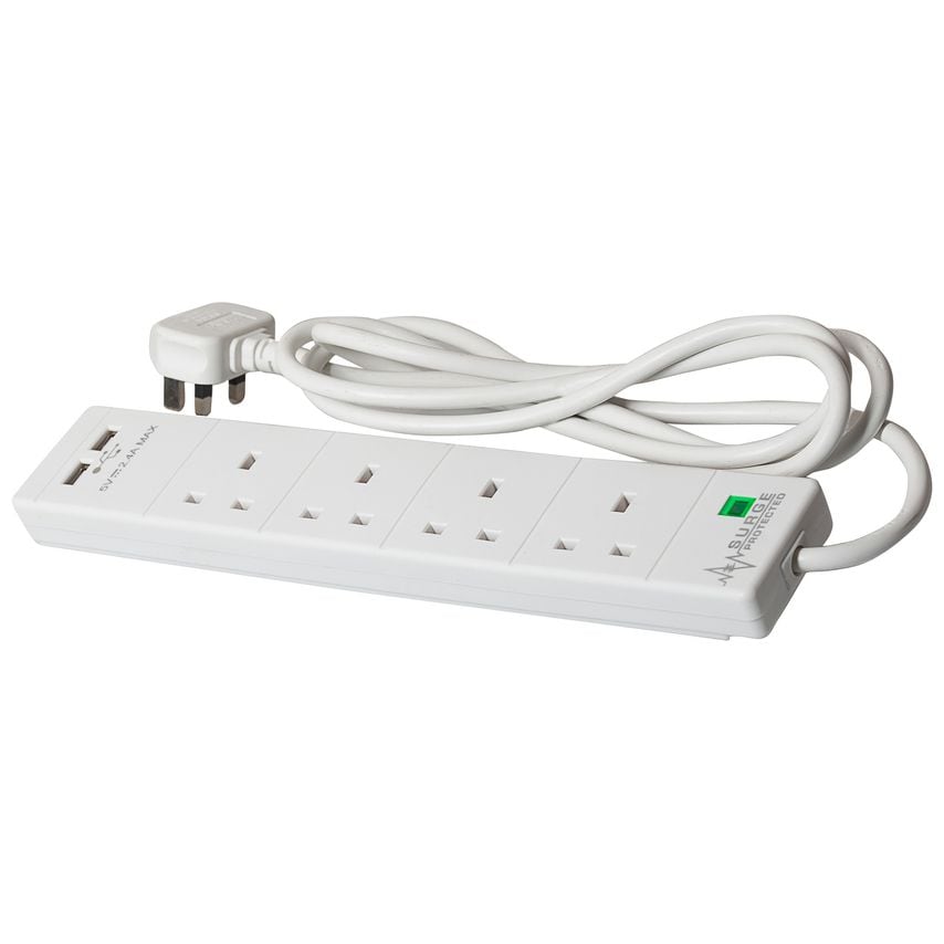 2m 4 Socket 13A Plus 2x Usb-A Ports Extension Lead