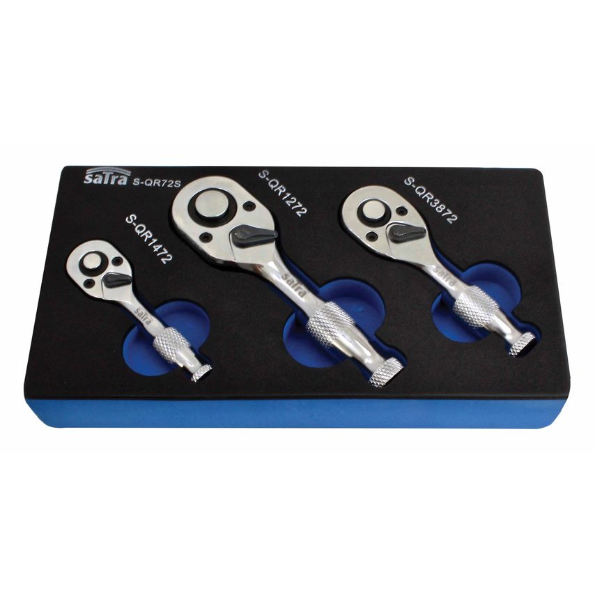 3pc Stubby Ratchet Set 1/4" 3/8" 1/2" Drive Insert Foam