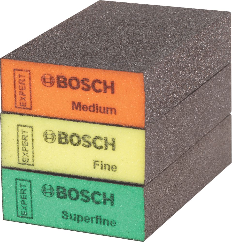 Bosch Expert Superfine/Fine/Medium Grit Multi-Material Hand Sanding Sponges 97mm x 67mm 3 Pack
