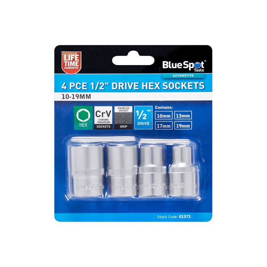 4PCE 1/2" Drive Hex Sockets 10-19MM