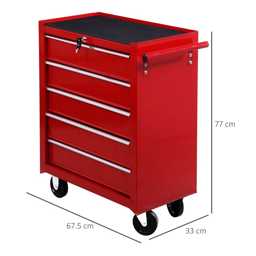 5-Drawer Tool Chest on Wheels with Lock & 2 Keys for Garage Workshop Red