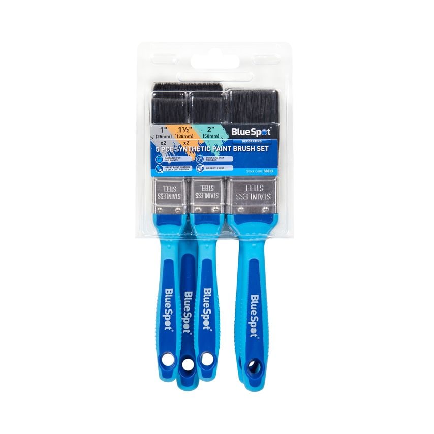 5 Piece Synthetic Paint Brush Set with Soft Grip Handle (2 Piece 1", 2 Piece 1 1/2", 1 Piece 2")