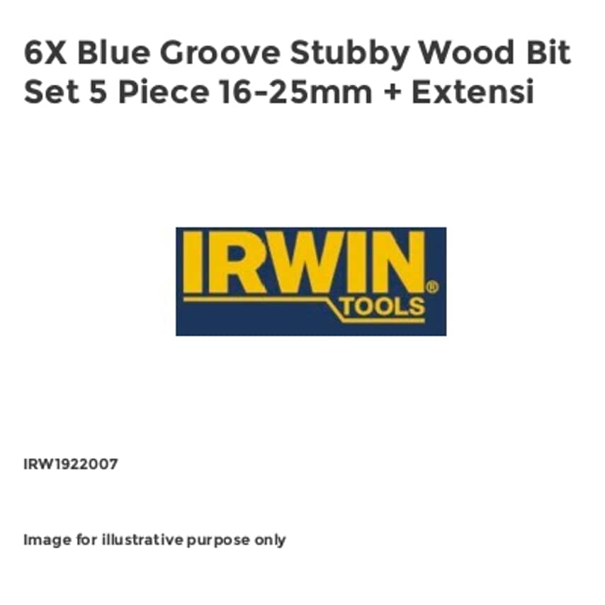 6X Blue Groove Stubby Wood Bit Set 5 Piece 16-25mm + Extensi