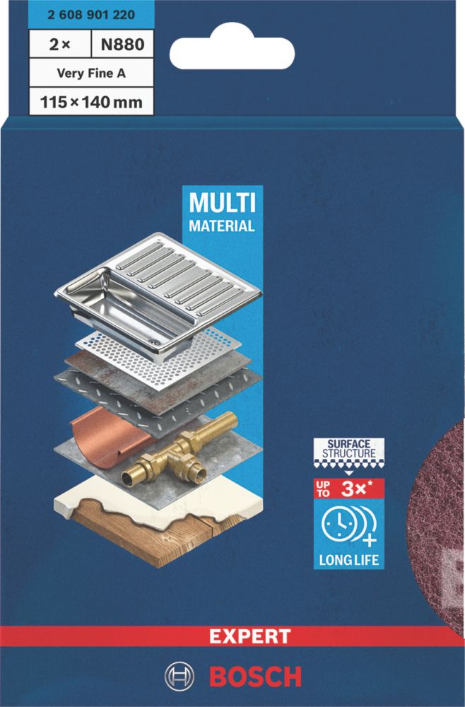Bosch Expert N880 180-Grit Metal Fleece Pads 140mm x 115mm Red 2 Pack