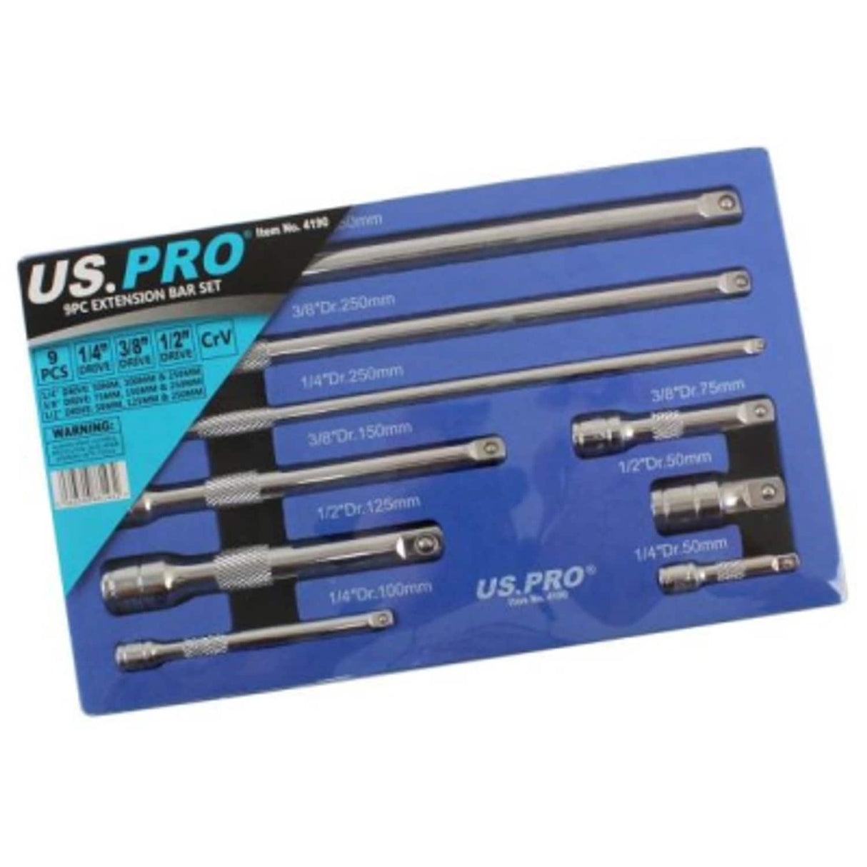 9 Piece 1/4in, 3/8in, 1/2in Drive Extension Bar Set