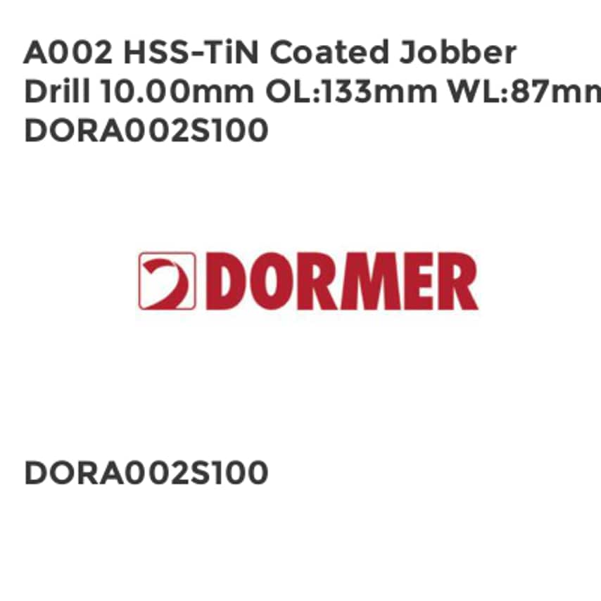 A002 HSS-TiN Coated Jobber Drill 10.00mm OL133mm WL87mm DORA002S100