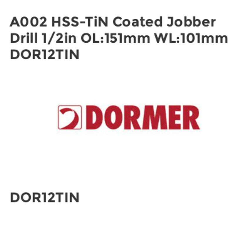 A002 HSS-TiN Coated Jobber Drill 1/2in OL151mm WL101mm DOR12TIN