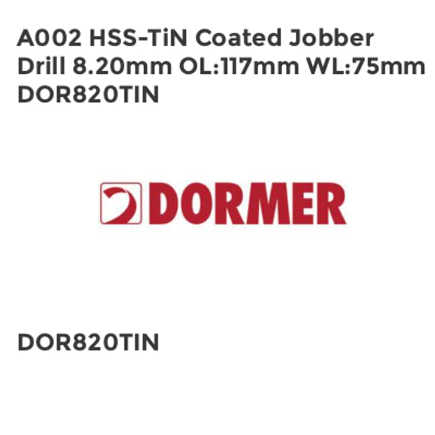 A002 HSS-TiN Coated Jobber Drill 8.20mm OL117mm WL75mm DOR820TIN