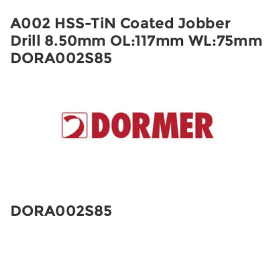 A002 HSS-TiN Coated Jobber Drill 8.50mm OL117mm WL75mm DORA002S85