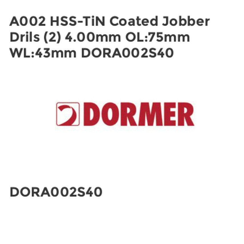A002 HSS-TiN Coated Jobber Drils (2) 4.00mm OL75mm WL43mm DORA002S40