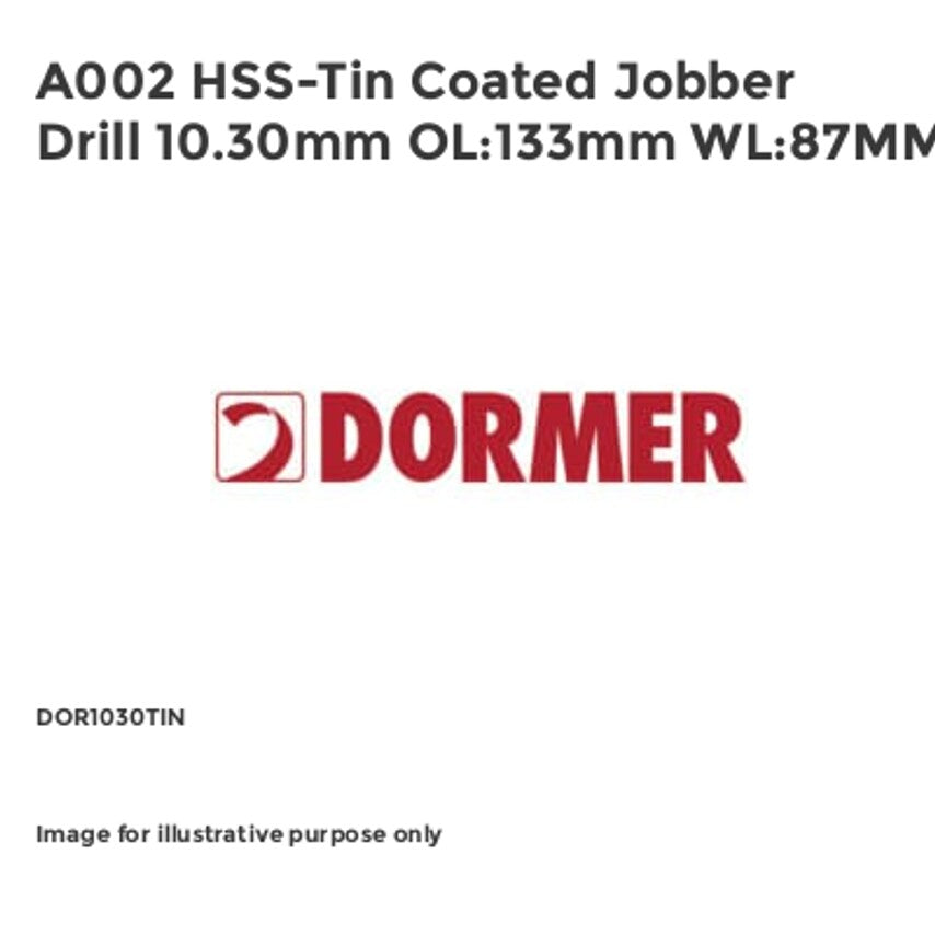 A002 HSS-Tin Coated Jobber Drill 10.30mm OL:133mm WL:87MM DOR1030TIN