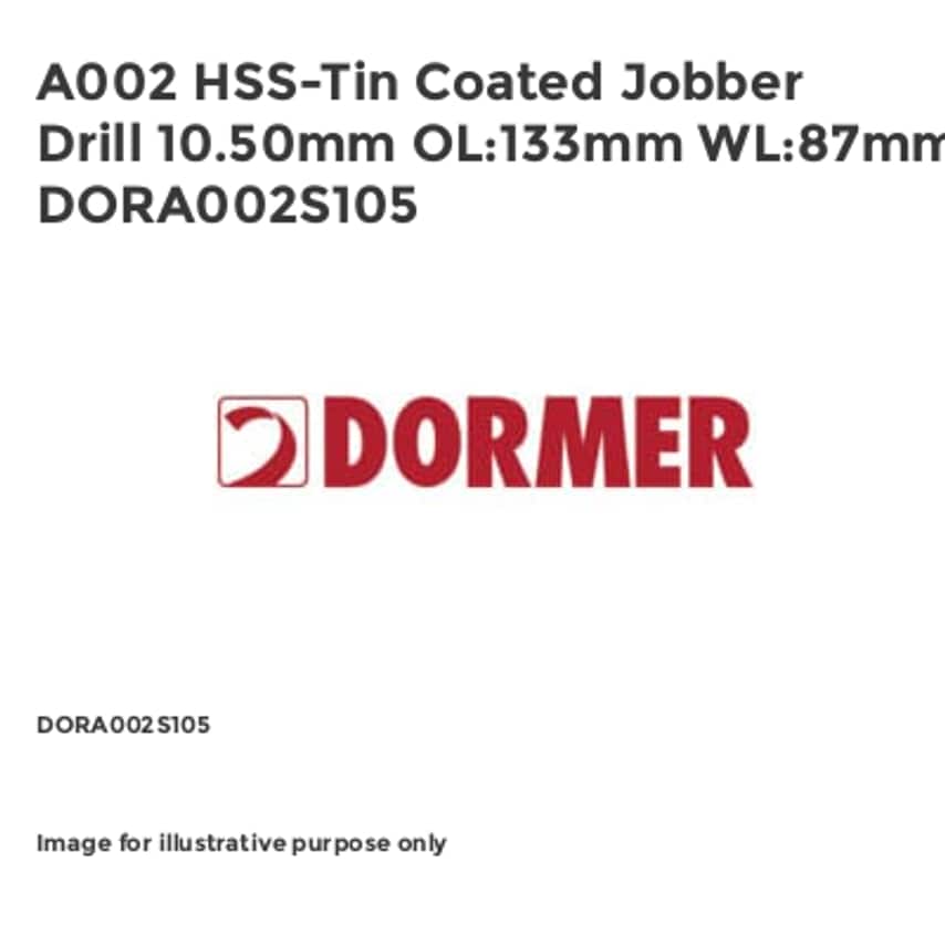 A002 HSS-Tin Coated Jobber Drill 10.50mm OL:133mm WL:87mm DORA002S105