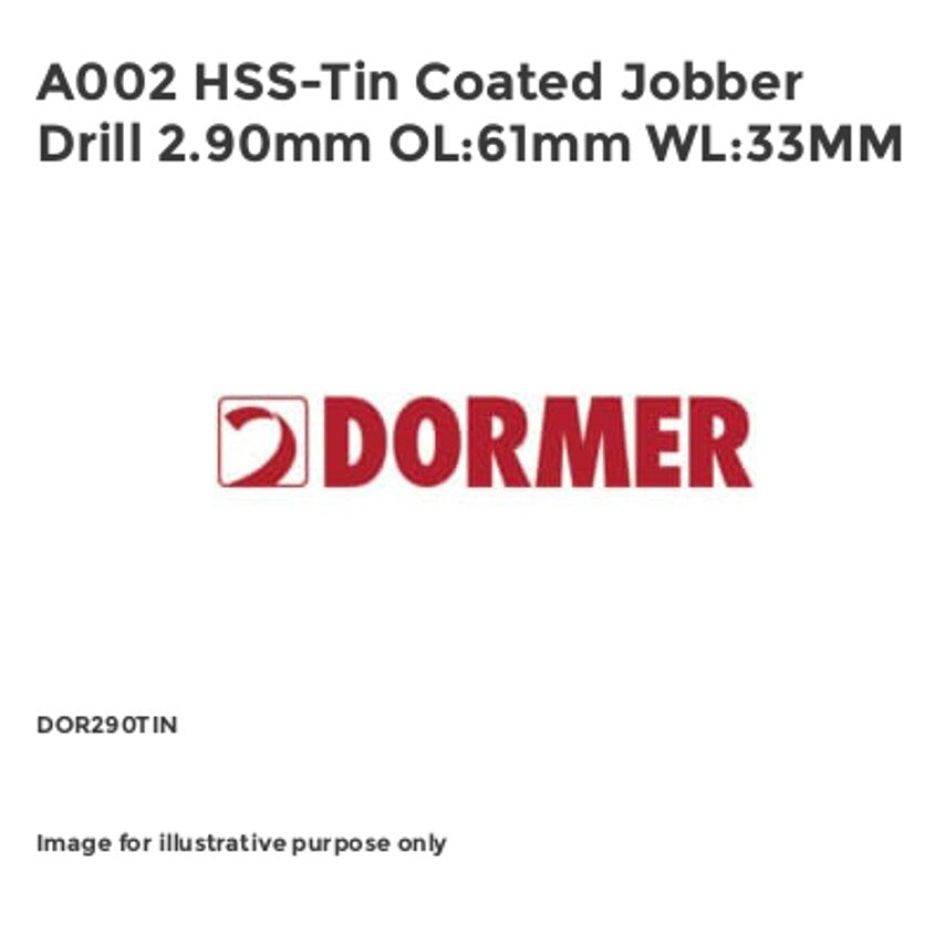 A002 HSS-Tin Coated Jobber Drill 2.90mm OL:61mm WL:33MM DOR290TIN