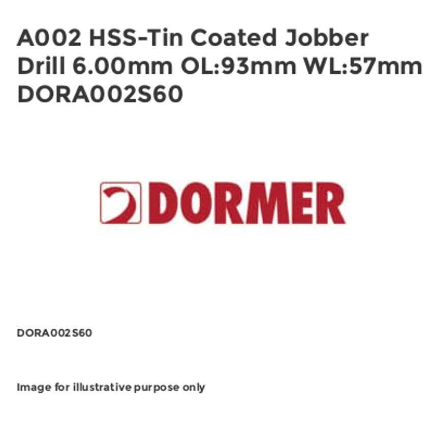 A002 HSS-Tin Coated Jobber Drill 6.00mm OL:93mm WL:57mm DORA002S60