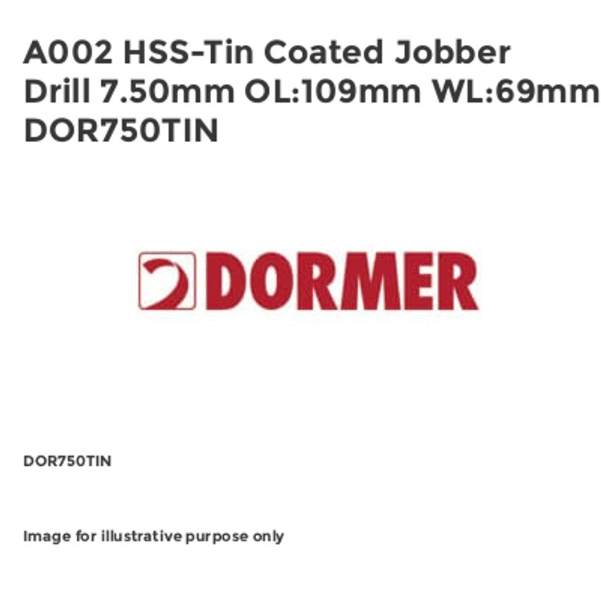 A002 HSS-Tin Coated Jobber Drill 7.50mm OL:109mm WL:69mm DOR750TIN
