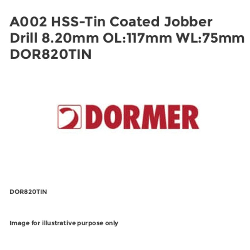 A002 HSS-Tin Coated Jobber Drill 8.20mm OL:117mm WL:75mm DOR820TIN