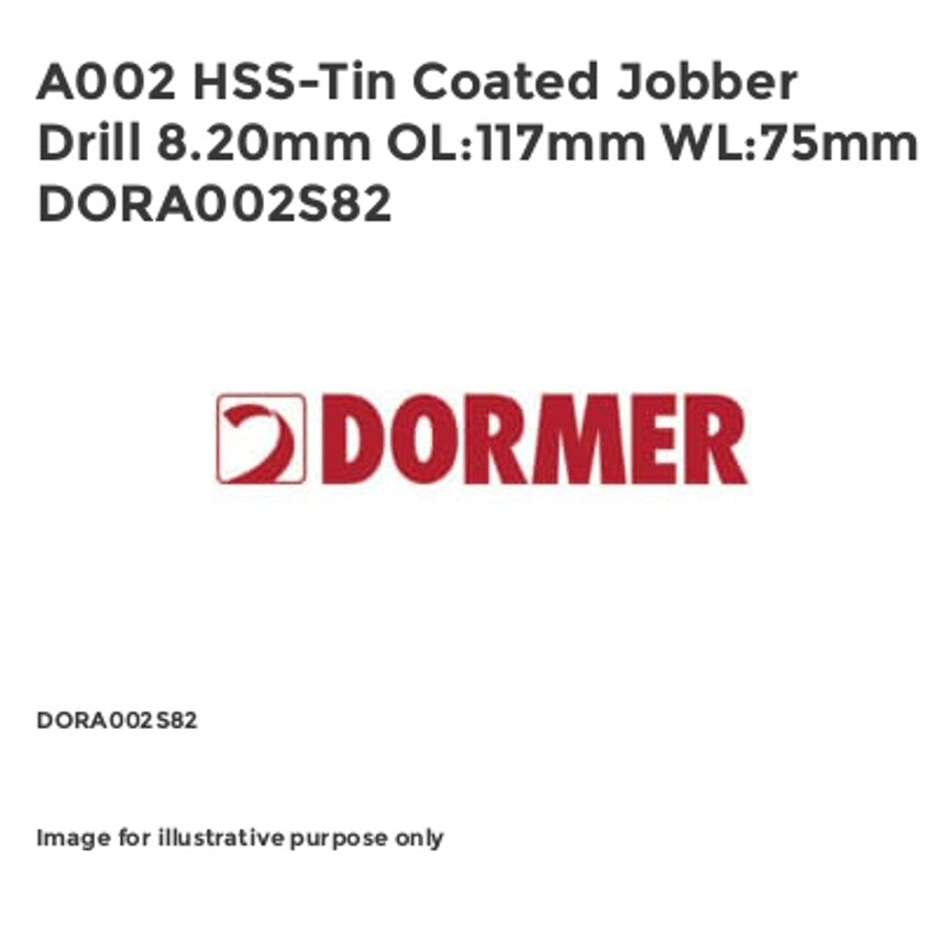 A002 HSS-Tin Coated Jobber Drill 8.20mm OL:117mm WL:75mm DORA002S82