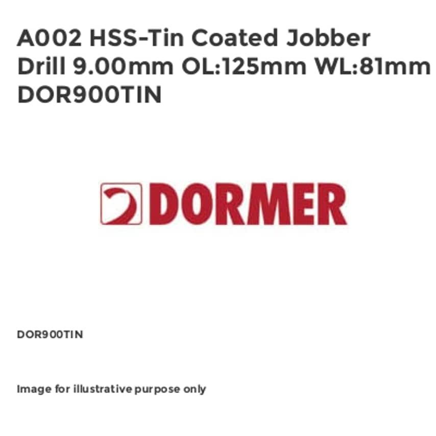 A002 HSS-Tin Coated Jobber Drill 9.00mm OL:125mm WL:81mm DOR900TIN