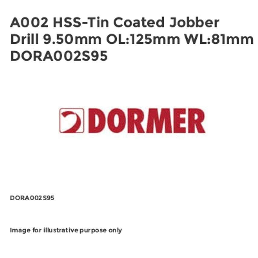 A002 HSS-Tin Coated Jobber Drill 9.50mm OL:125mm WL:81mm DORA002S95