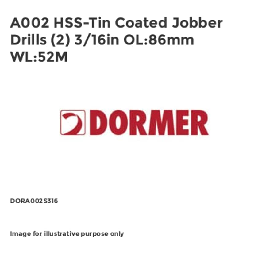 A002 HSS-Tin Coated Jobber Drills (2) 3/16in OL:86mm WL:52M DORA002S316