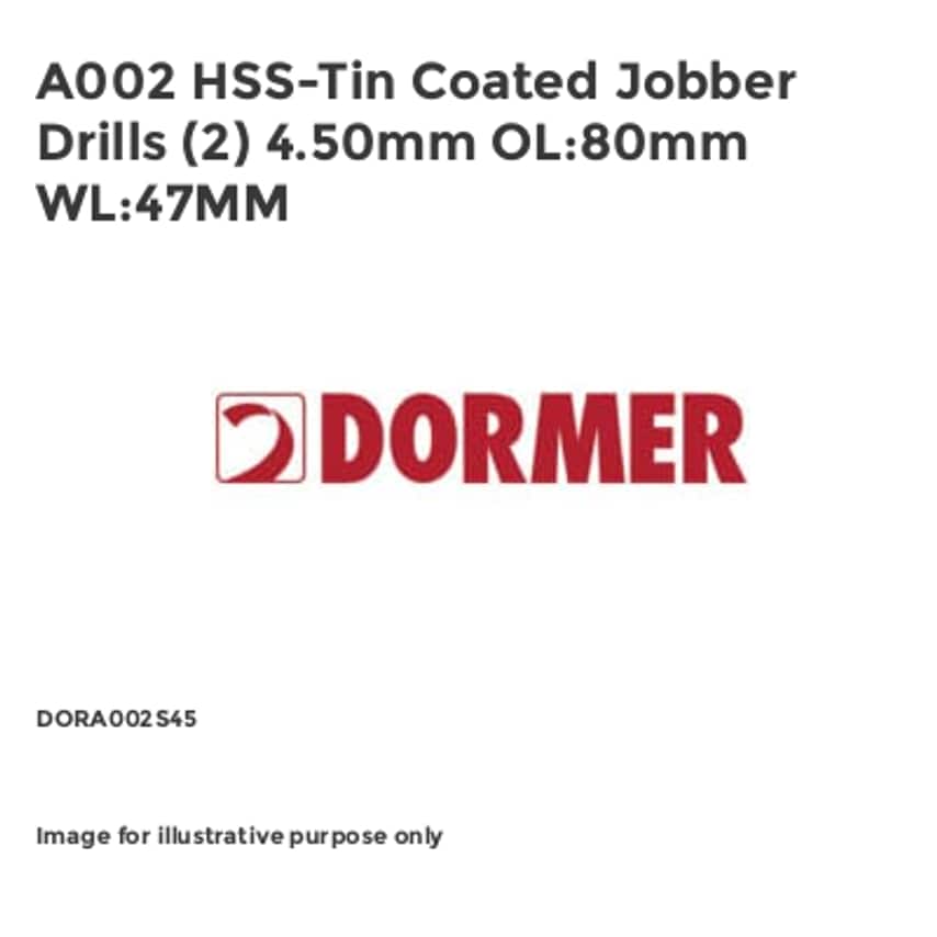 A002 HSS-Tin Coated Jobber Drills (2) 4.50mm OL:80mm WL:47MM