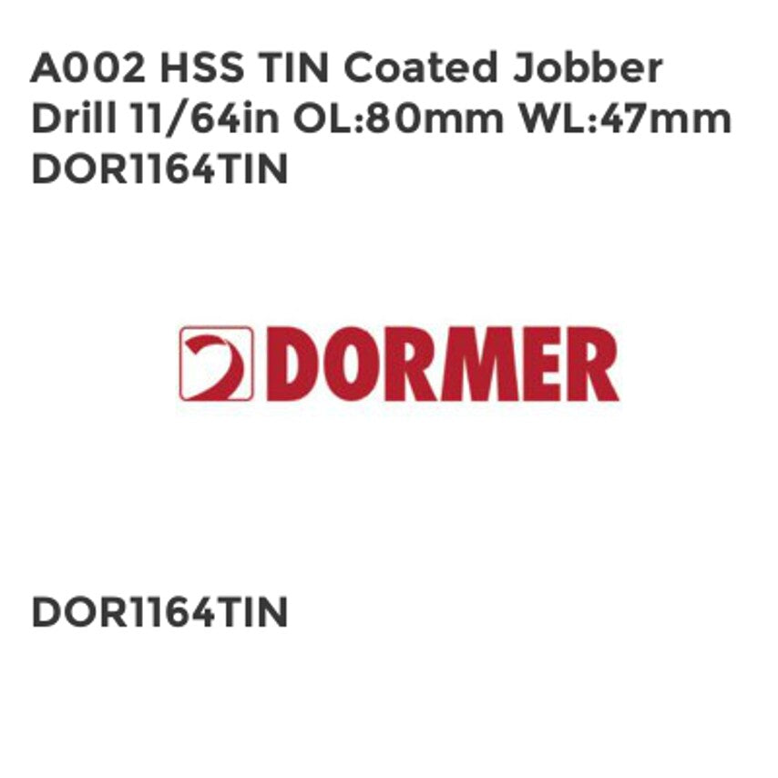 A002 HSS TIN Coated Jobber Drill 11/64in OL80mm WL47mm DOR1164TIN