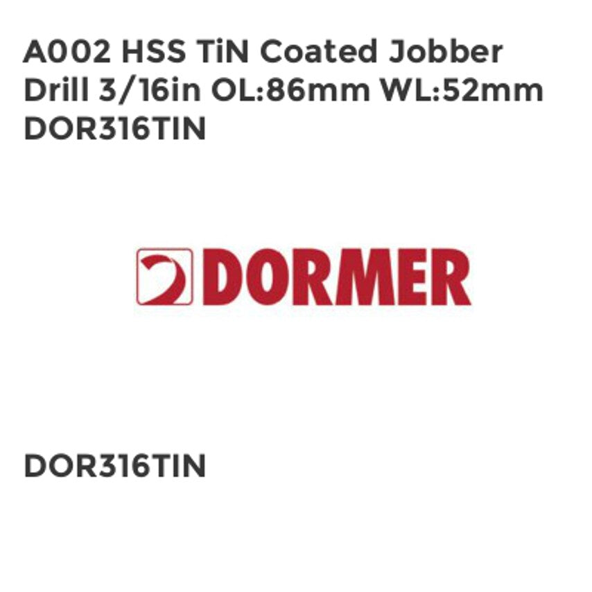A002 HSS TiN Coated Jobber Drill 3/16in OL86mm WL52mm DOR316TIN