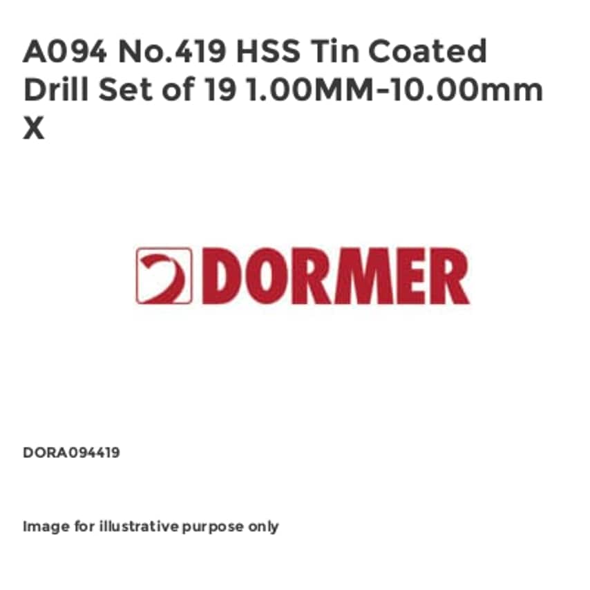 A094 No.419 HSS Tin Coated Drill Set of 19 1.00MM-10.00mm X DORA094419