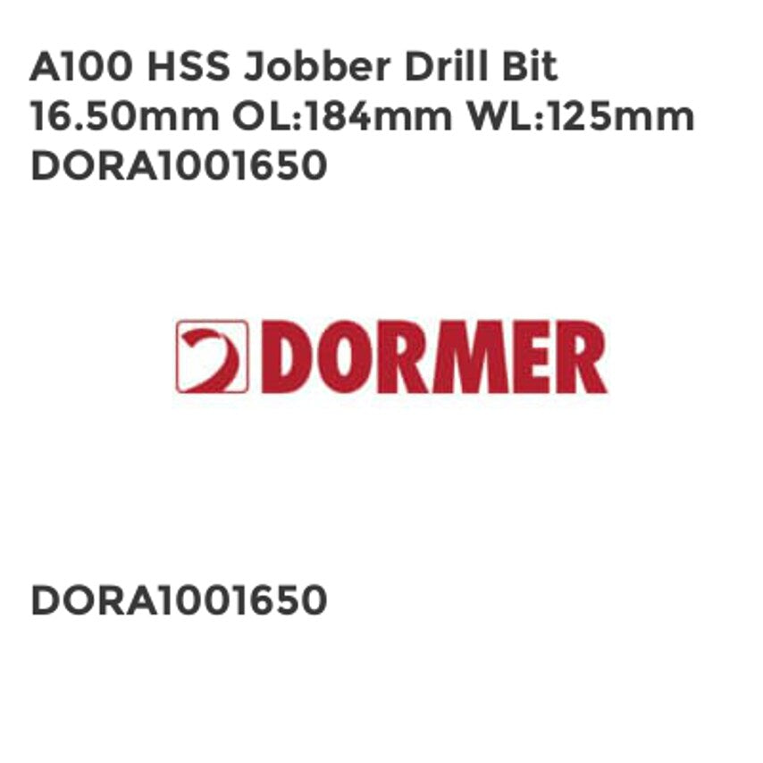 A100 HSS Jobber Drill Bit 16.50mm OL184mm WL125mm DORA1001650