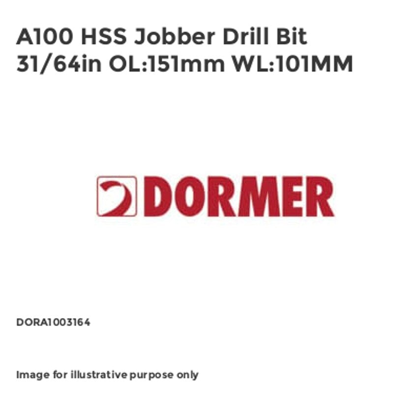 A100 HSS Jobber Drill Bit 31/64in OL:151mm WL:101MM DORA1003164