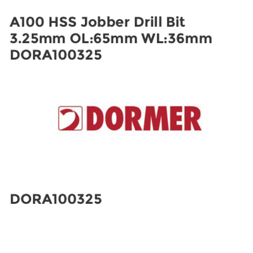 A100 HSS Jobber Drill Bit 3.25mm OL65mm WL36mm DORA100325