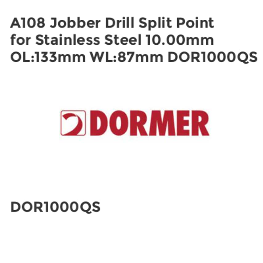 A108 Jobber Drill Split Point for Stainless Steel 10.00mm OL133mm WL87mm DOR1000QS
