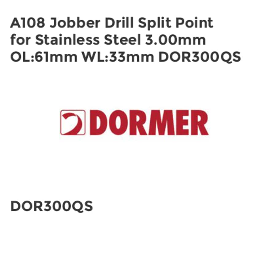 A108 Jobber Drill Split Point for Stainless Steel 3.00mm OL61mm WL33mm DOR300QS