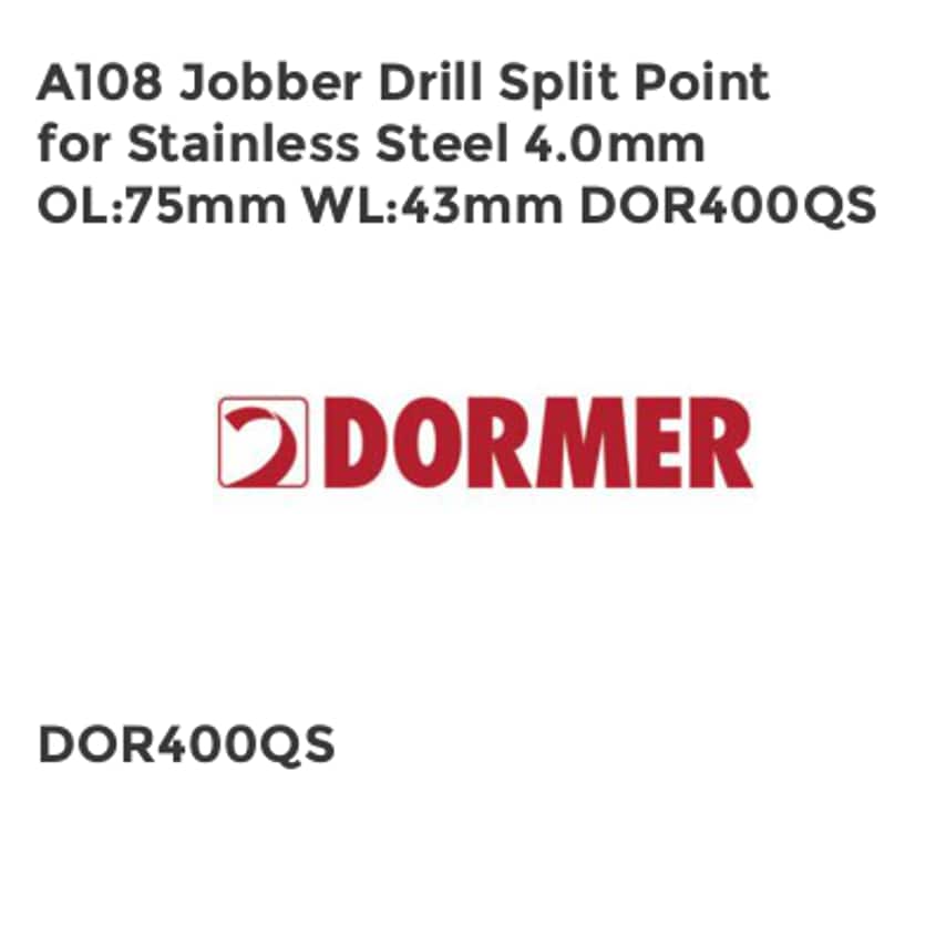 A108 Jobber Drill Split Point for Stainless Steel 4.0mm OL75mm WL43mm DOR400QS