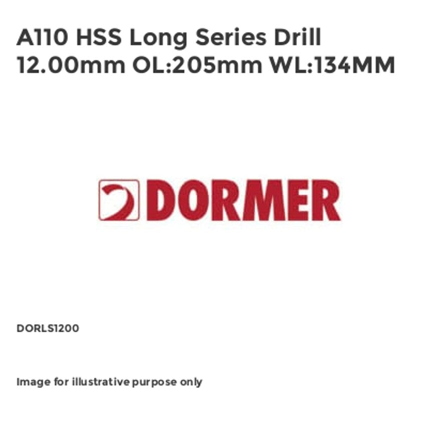 A110 HSS Long Series Drill 12.00mm OL:205mm WL:134MM DORLS1200