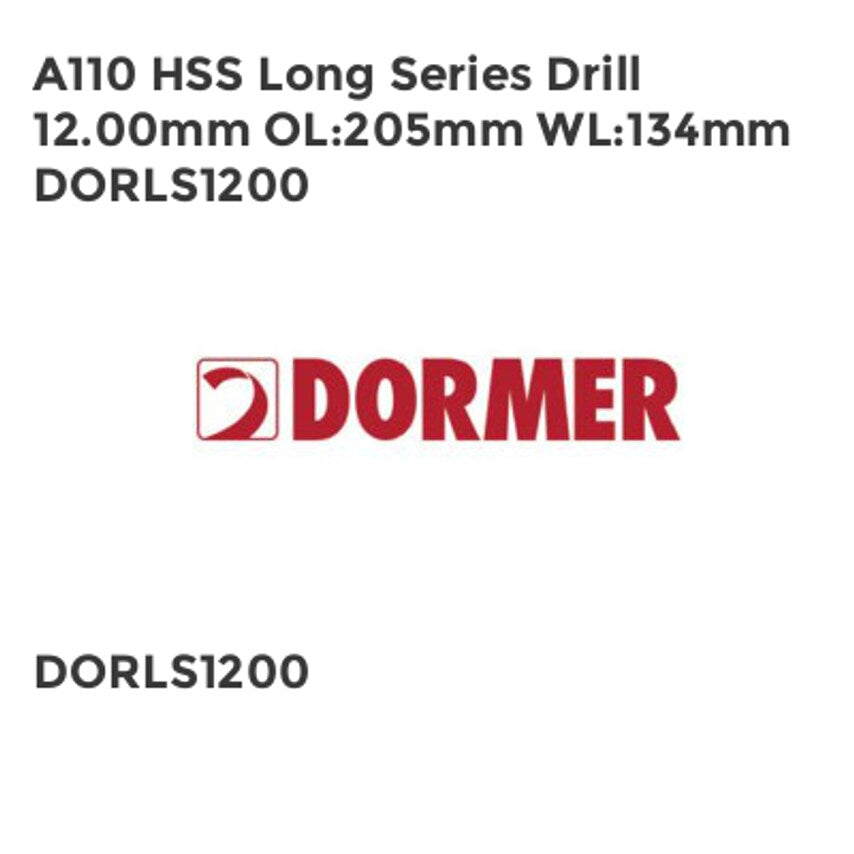 A110 HSS Long Series Drill 12.00mm OL205mm WL134mm DORLS1200