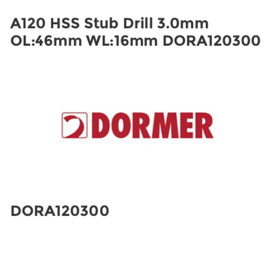 A120 HSS Stub Drill 3.0mm OL46mm WL16mm DORA120300