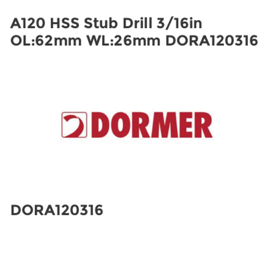A120 HSS Stub Drill 3/16in OL62mm WL26mm DORA120316