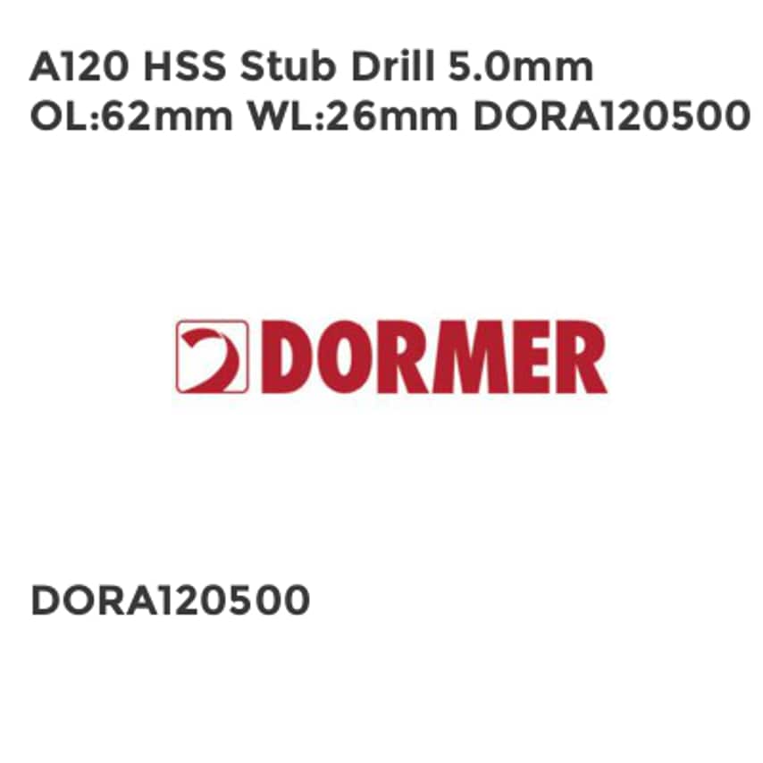 A120 HSS Stub Drill 5.0mm OL62mm WL26mm DORA120500