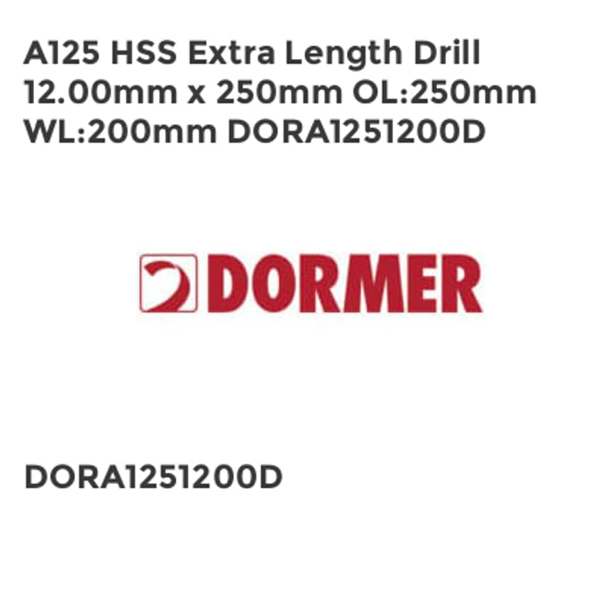 A125 HSS Extra Length Drill 12.00mm x 250mm OL250mm WL200mm DORA1251200D