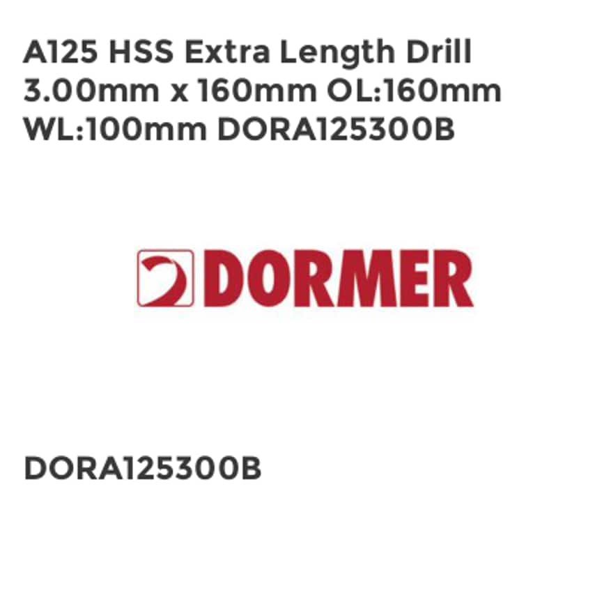 A125 HSS Extra Length Drill 3.00mm x 160mm OL160mm WL100mm DORA125300B